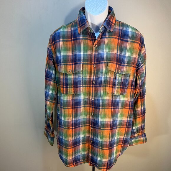 Peter Millar Men's orange, blue and green plaid Mountainside Flannel Large L EUC - Picture 2 of 6